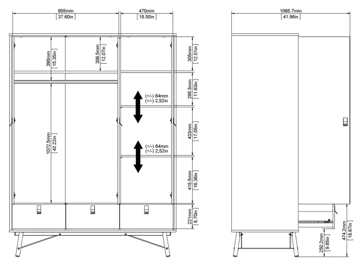 Ry Garderobeskap M, 3 Dører, Matt Sort, Valnøttfolie - Bilde 9